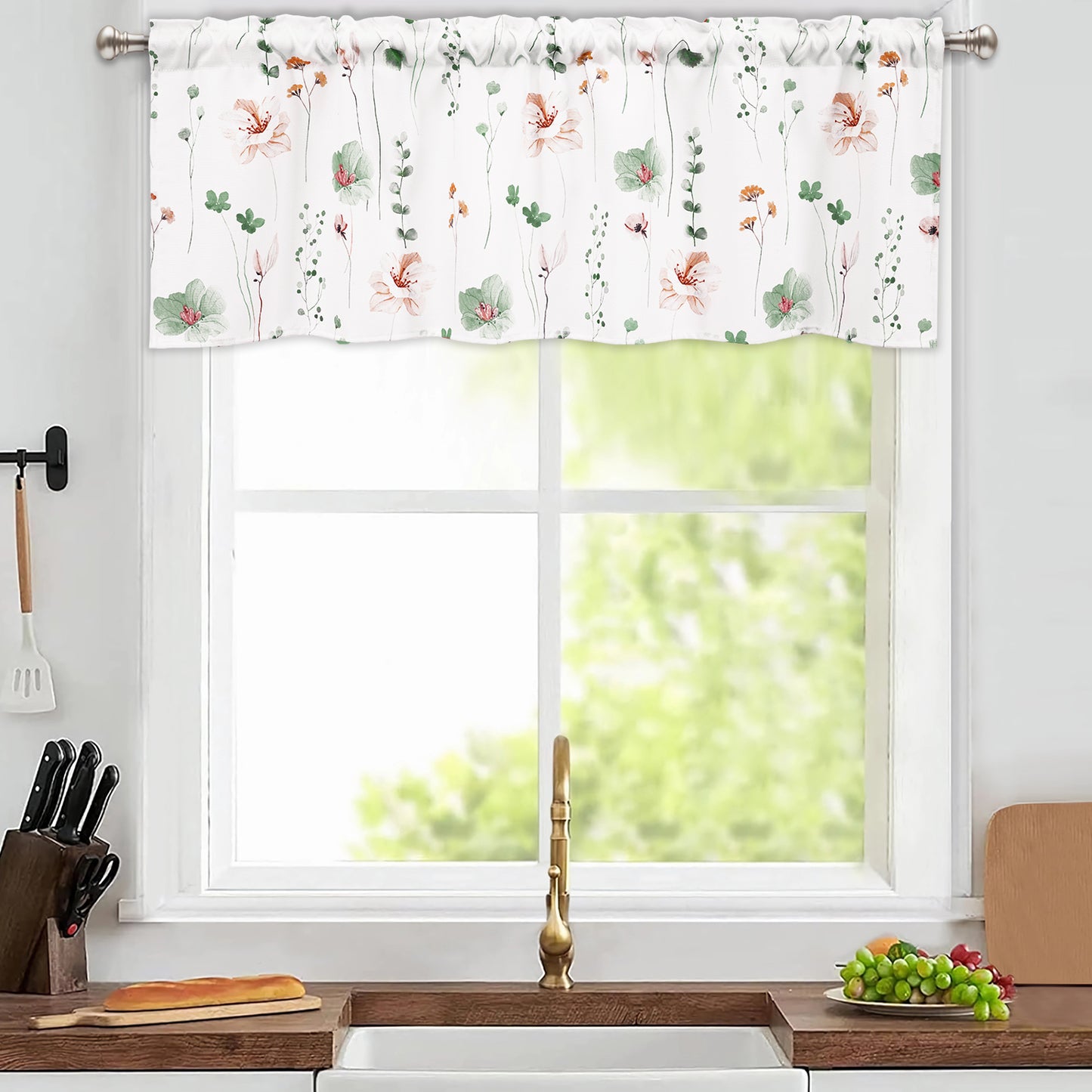 Alishomtll Floral Valance Curtains Kitchen Sage Green Wildflower Flower Leaf Windows Drapes,52 x 18 inch,Rod Pocket