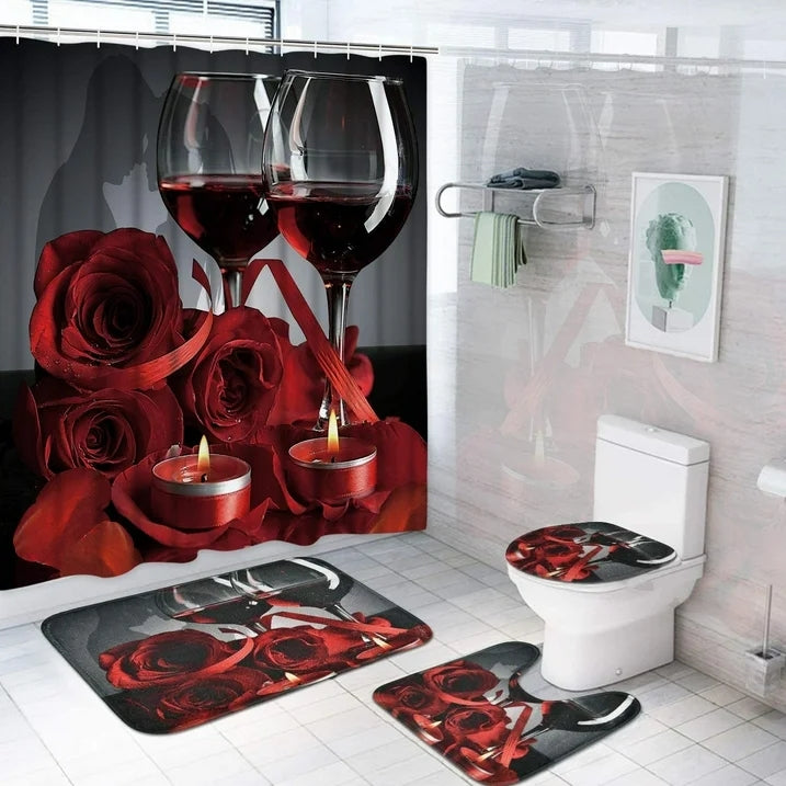 FRAMICS 16 Piece Red Rose Wine Shower Curtain Sets with Rugs, Romantic Floral Bathroom Sets, Waterproof Fabric Shower Curtain with 12 Hooks and Toilet Rugs