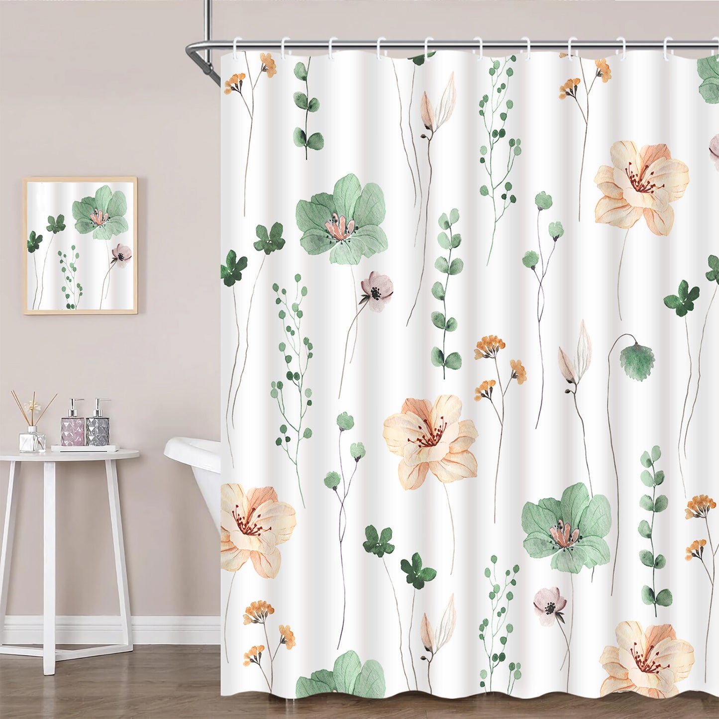 FRAMICS Watercolor Floral Shower Curtain Sets with Rugs, 16 Pc Sage Green Flower Bathroom Sets, Modern Minimalist White Waterproof Fabric Bathroom Curtain Decor with Hooks