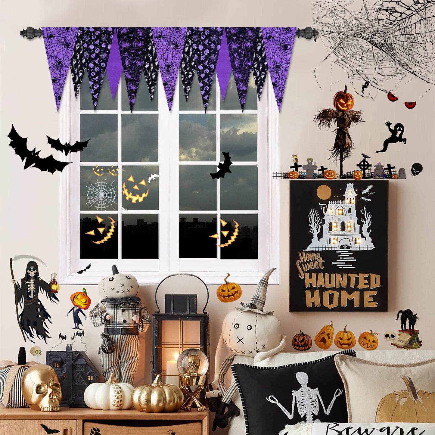 Alishomtll Halloween Autumn Valance Curtains For Kitchen Or Bathroom Spider Web Window Drapes With Rod Pocket,18"X52"W,Purple