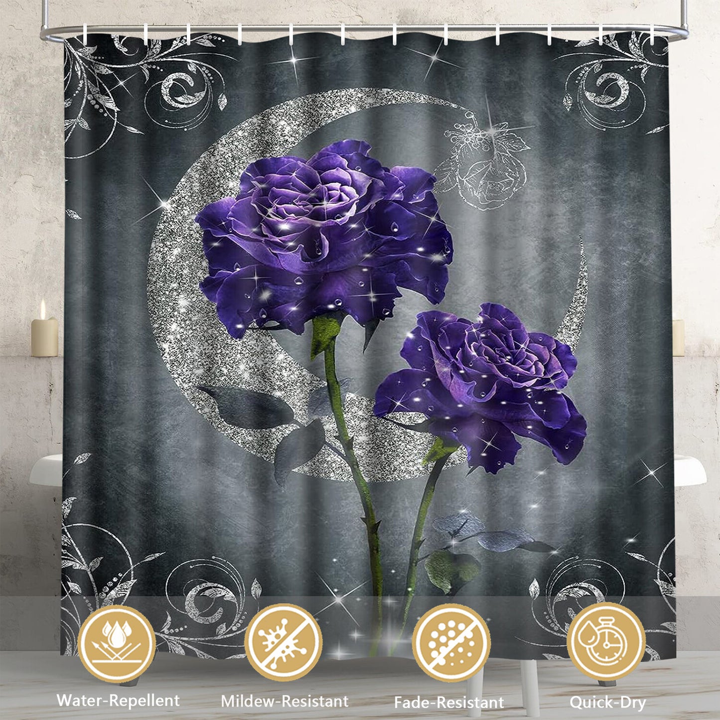 FRAMICS Purple Rose Shower Curtain and Rug Sets, 16 Pc Sliver Moon Floral Bathroom Sets, Waterproof Fabric Shower Curtain with 12 Hooks and Toilet Rugs