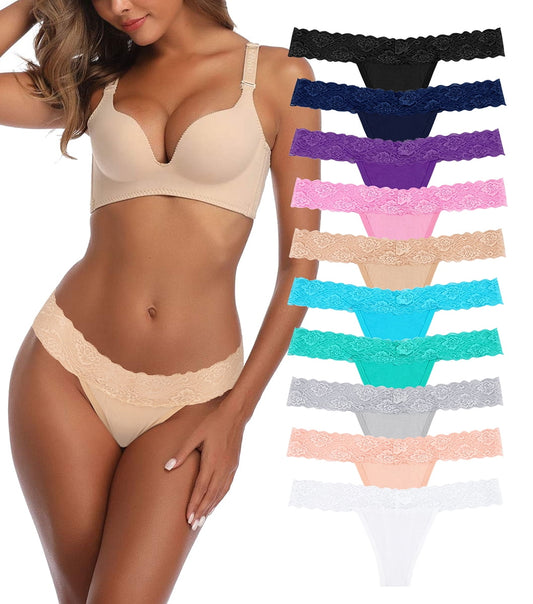 Sunm Boutique Sexy Lace Thongs for Women Thong Underwear Women Lace T-back Panties Women Underwear Cotton Thongs Cheeky,10 Pack