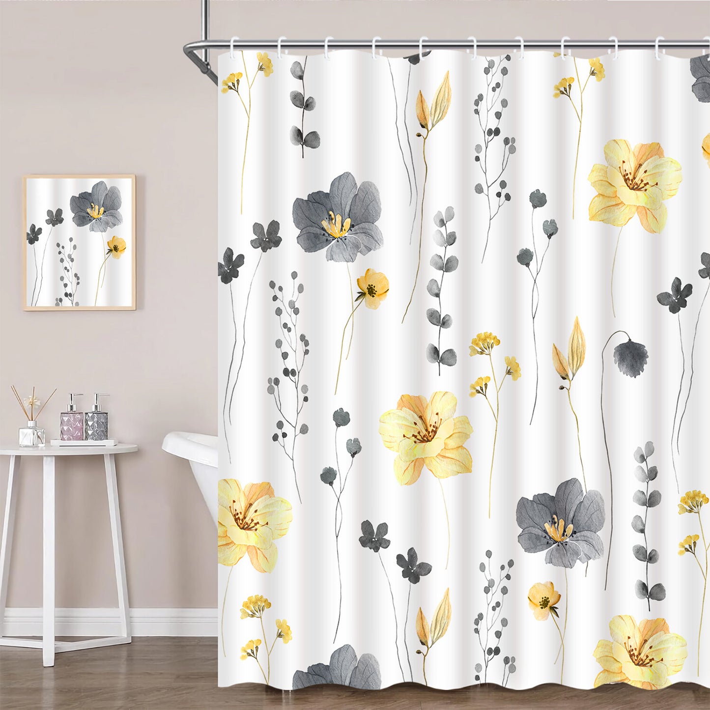 FRAMICS Yellow Grey Floral Shower Curtain Sets, 16 Pc Watercolor Flower Bathroom Sets with Rugs, Modern Minimalist White Waterproof Fabric Bathroom Curtain Decor with Hooks