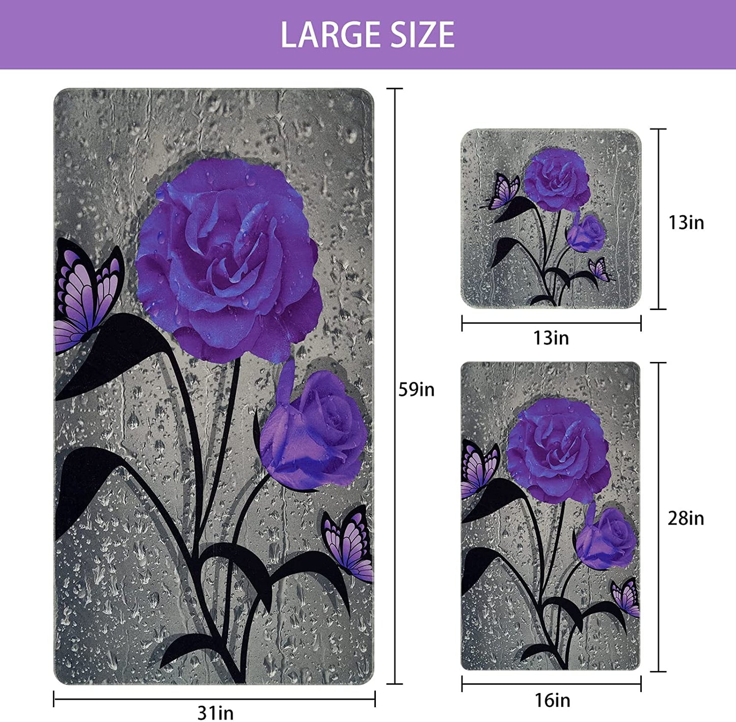 Alishomtll 3D Raindrop Rose Flower Bath Towels Set Include Beach Towel, Hand Towel and Kitchen Dish Towels, Elegant Bathroom Decor, Purple