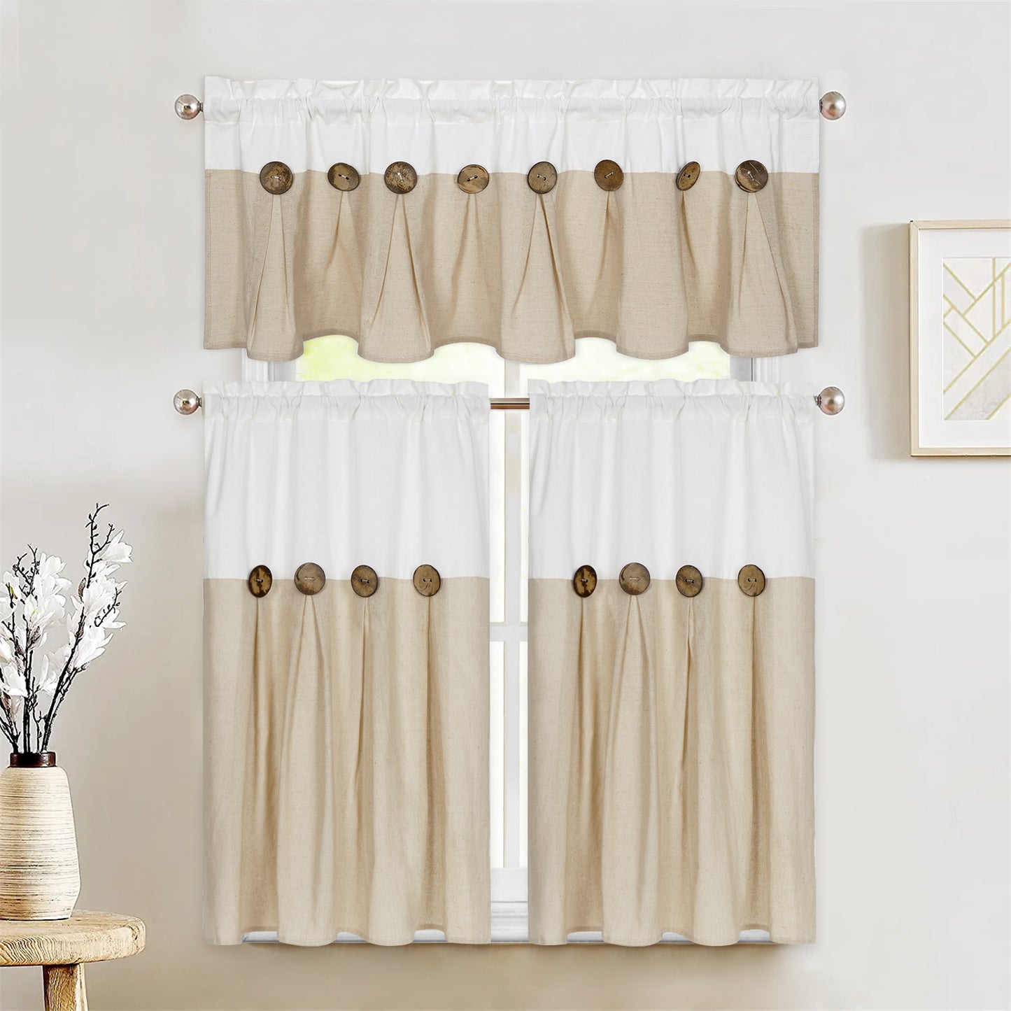 Alishomtll Linen Kitchen Curtains Farmhouse Boho Button Light Filtering Window Drapes,Rod Pocket, 2 Panel,Linen White