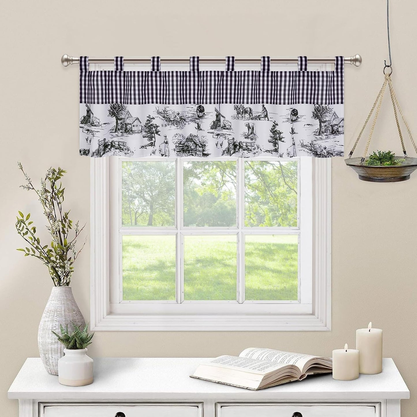 Alishomtll Linen Toile Valance Curtains for Kitchen Buffalo Plaid Printed Valances ,60''W x 18''L, 1 Panel,Black and White