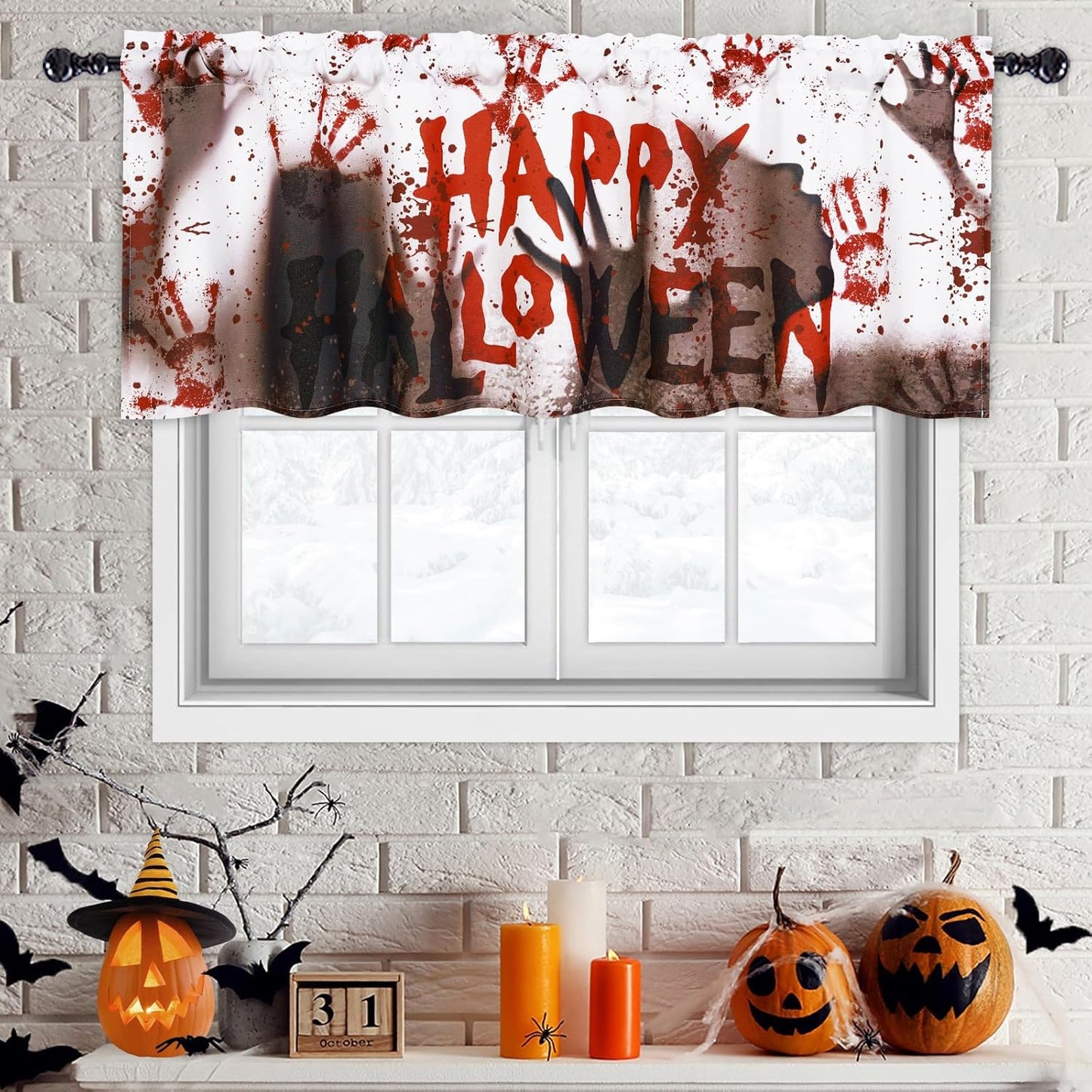 Alishomtll Halloween Valances Curtains Kitchen Horror Blood Scary Ghost Shadow Help Me With Bloody Hands Windows Drapes ,52 X 18 Inch,Rod Pocket