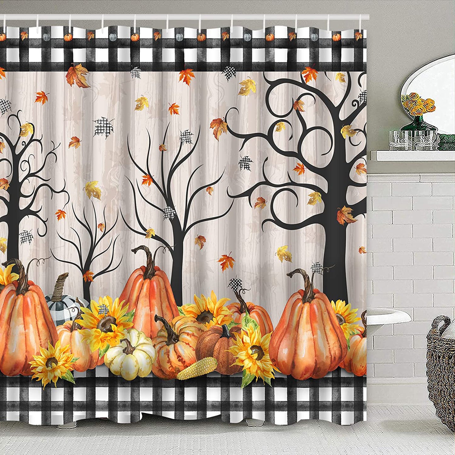 FRAMICS Fall Shower Curtain Set with Rugs, Thanksgiving Pumpkin Bathroom Sets, Black White Buffalo Check Waterproof Fabric Shower Curtain with 12 Hooks and Toilet Rugs