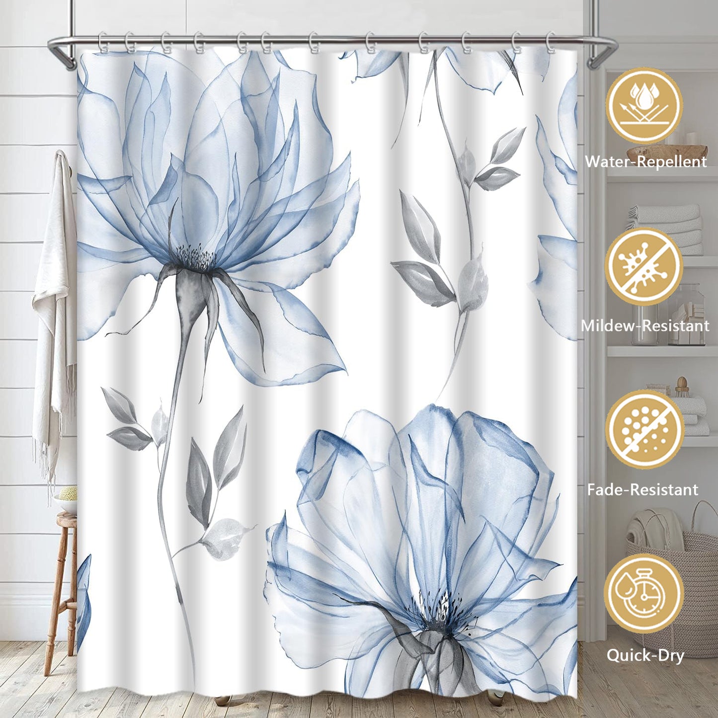 FRAMICS Watercolor Floral Shower Curtain Set with Rugs, 16 Pc Blue Grey Flower Bathroom Sets, Modern Minimalist White Waterproof Fabric Shower Curtain with 12 Hooks and Toilet Rugs