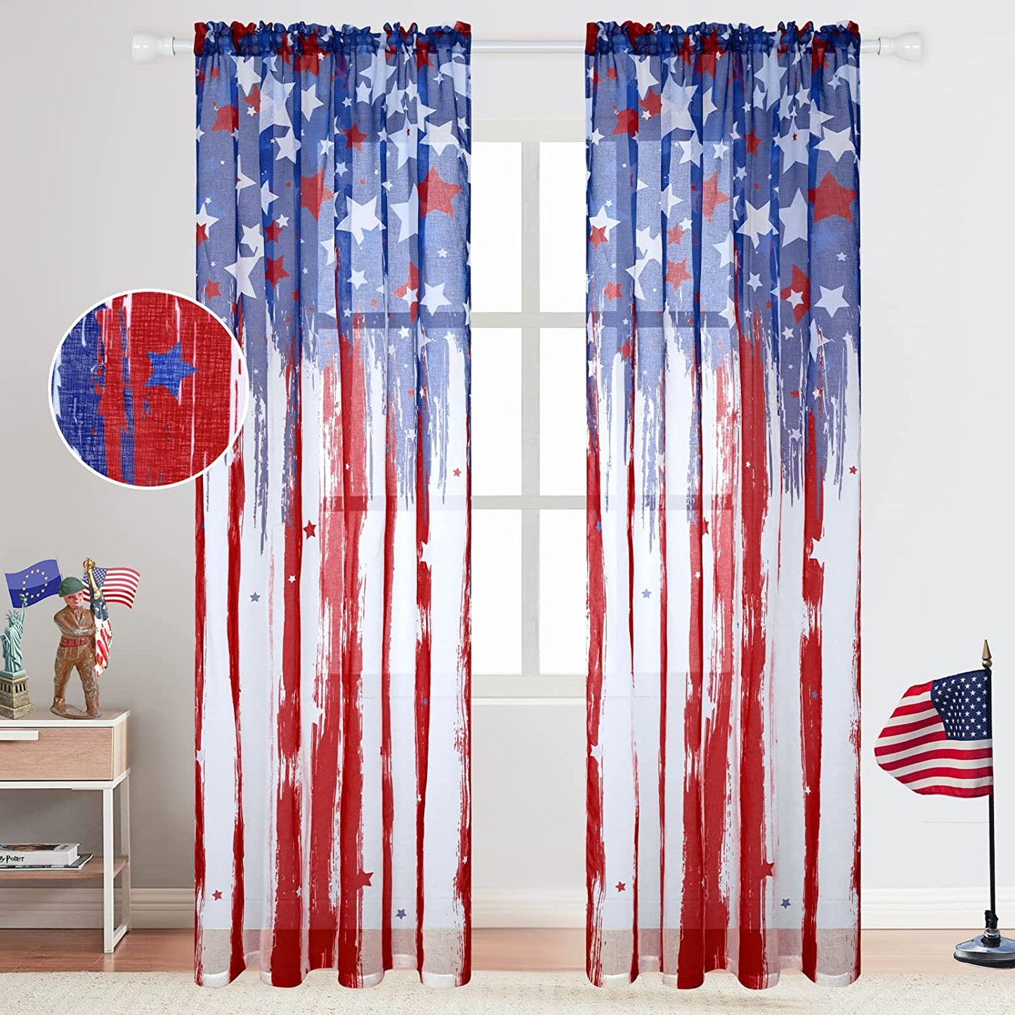 Alishomtll Sheer Curtains American Flag Print Window Curtains for Bedroom Living Room Home Decor,Rod Pocket