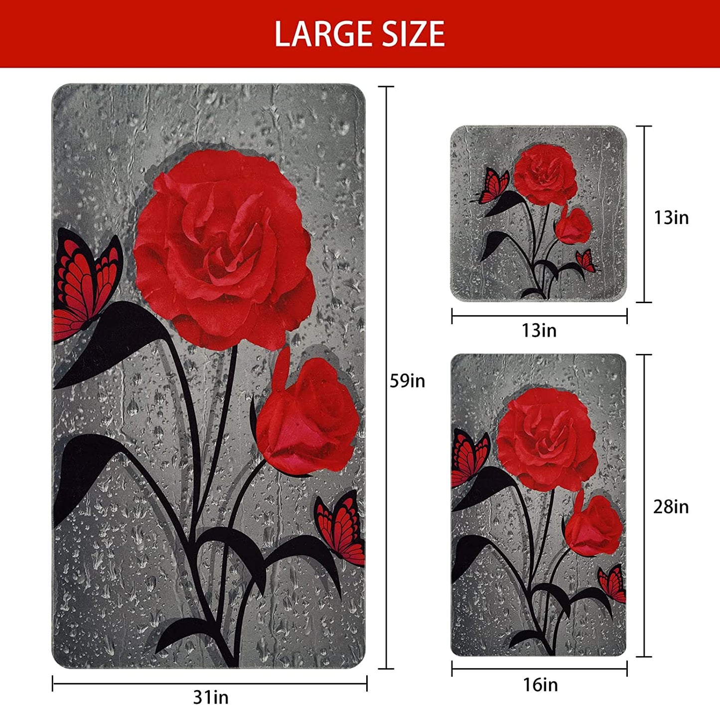 Alishomtll 3D Raindrop Rose Flower Bath Towels Set Include Beach Towel, Hand Towel and Kitchen Dish Towels, Elegant Bathroom Decor, Red