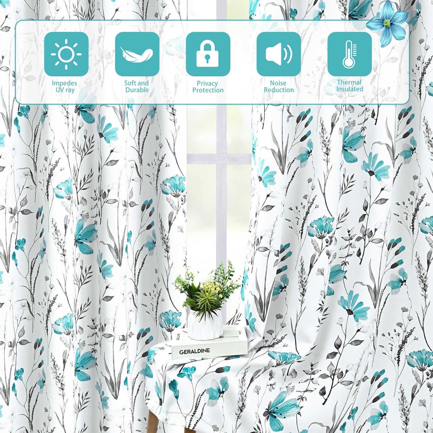 Alishomtll Teal Floral Blackout Curtains for Living Room Bedroom Energy Efficient Thermal Insulated Grommet Window Drapes, 52"x 63",Set of 2