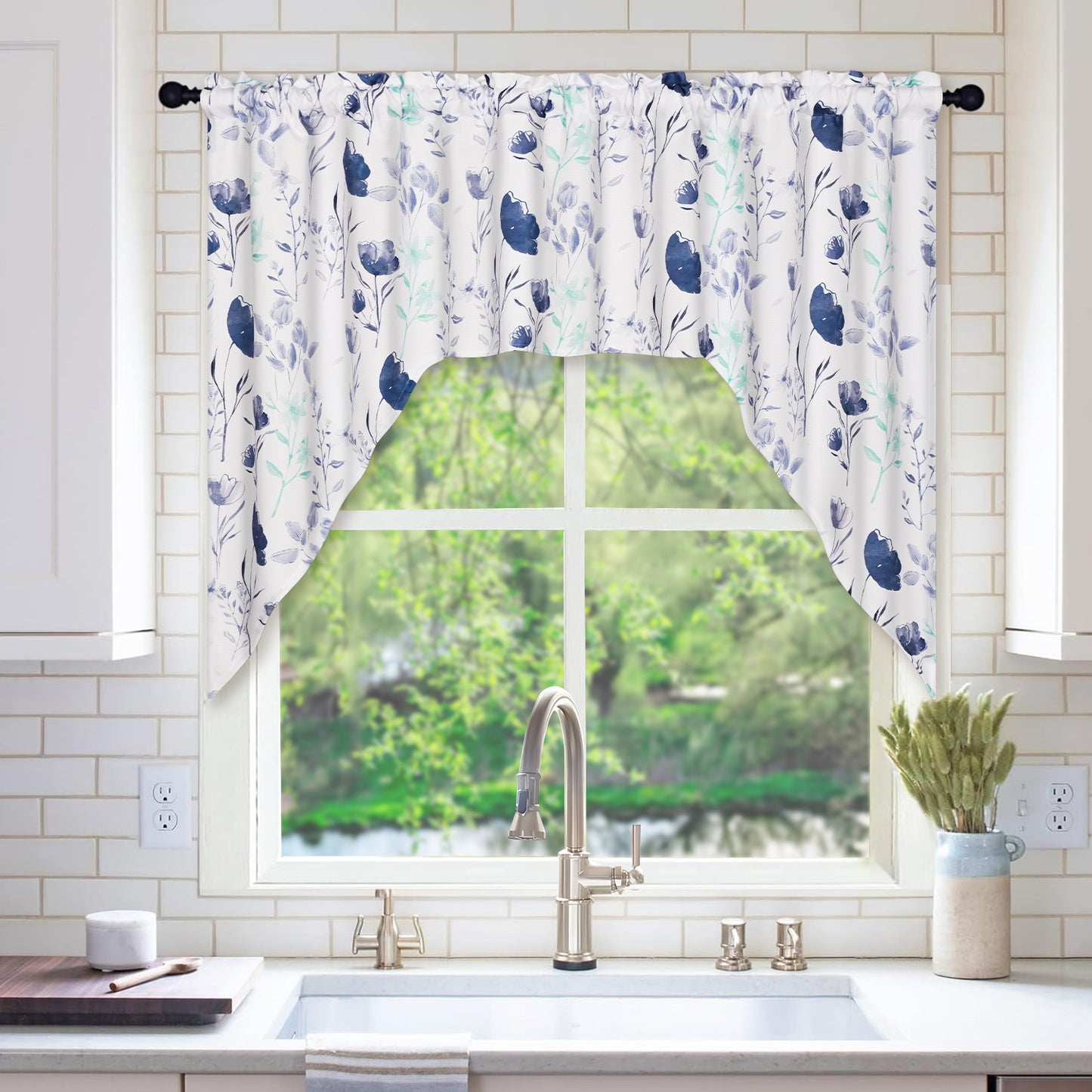 Alishomtll Kitchen Curtains Valances Swags for Windows Gray Blue Floral Printed Window Drapes,61" W x 36" L,Rod Pocket