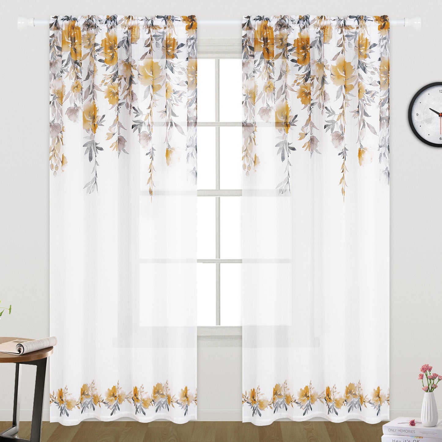 Alishomtll Floral Sheer Curtains 84 Inches Long Rod Pocket Yellow Flower Semi Sheer Voile Window Treatment For Bedroom Dining Room