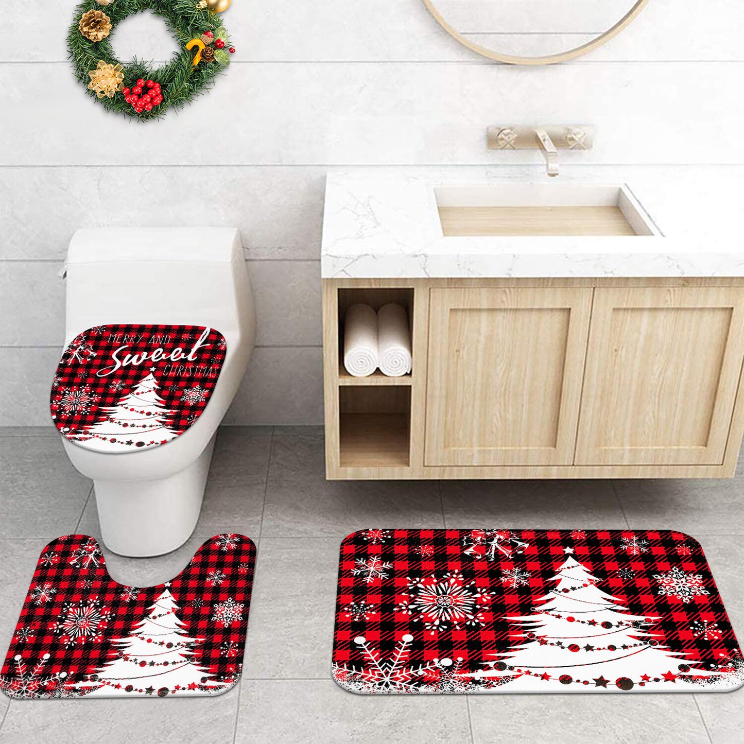 FRAMICS Merry Christmas Shower Curtain Sets with Rugs, Red Buffalo Plaid Bathroom Decor Sets, Xmas Tree Waterproof Fabric Shower Curtain with 12 Hooks and Toilet Rugs