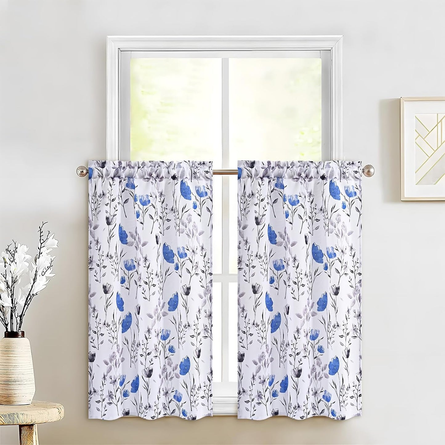 Alishomtll Kitchen Curtains Floral Print Tier Curtains Sets Light Filtering Small Window Drapes Rod Pocket ,26"Wx36"L,2 Panels,Blue