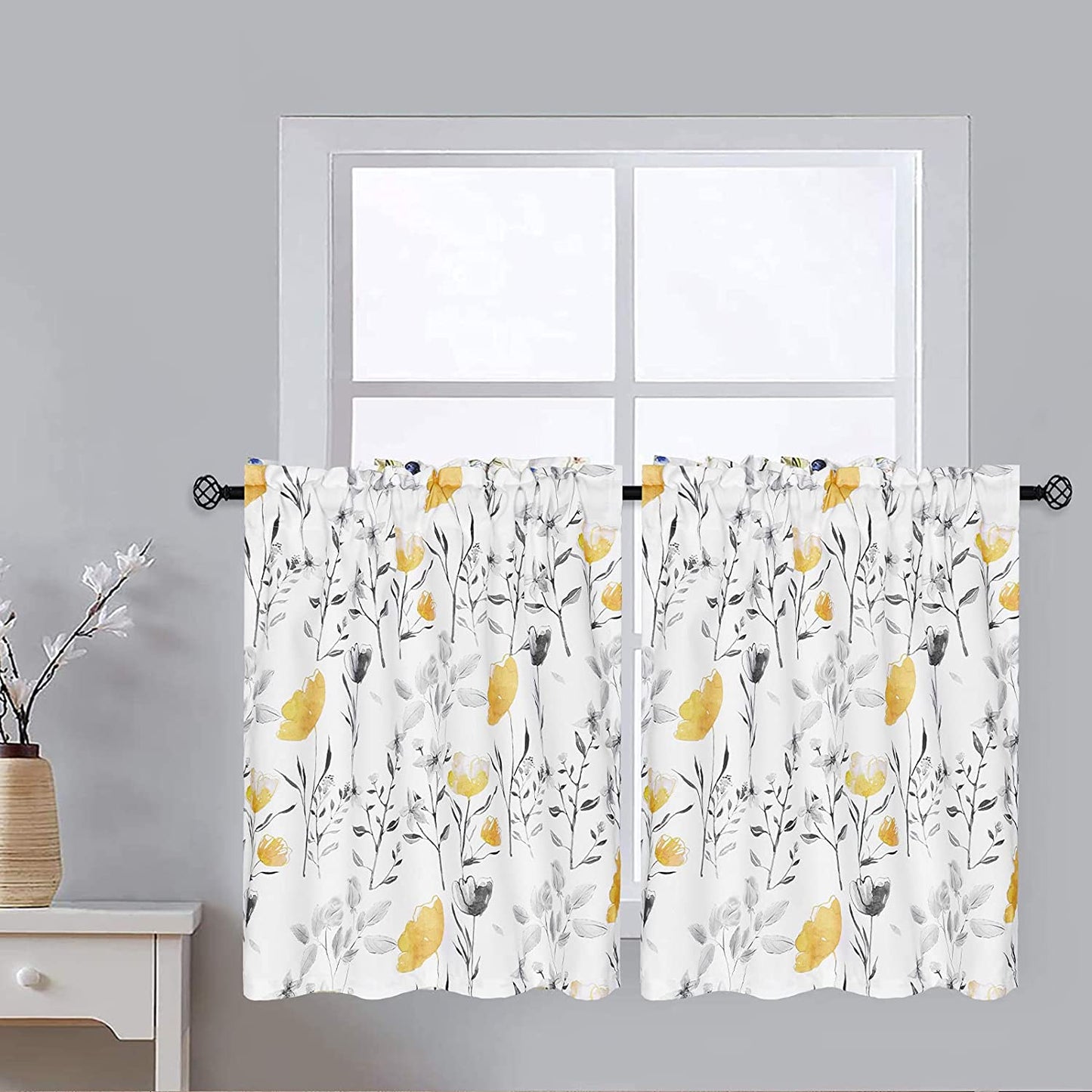 Alishomtll Kitchen Curtains Yellow Floral Watercolor Print Tier Curtains Light Filtering Rod Pocket Small Window Curtain Sets,26"Wx24"L,2 Panels