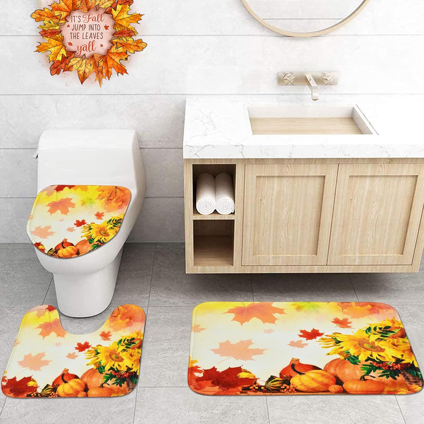 FRAMICS Thanksgiving Shower Curtain Set with Rugs, Orange Maple Leaf Pumpkin Pattern Bathroom Decor Set, Autumn Waterproof Fabric Shower Curtain with 12 Hooks and Toilet Rugs