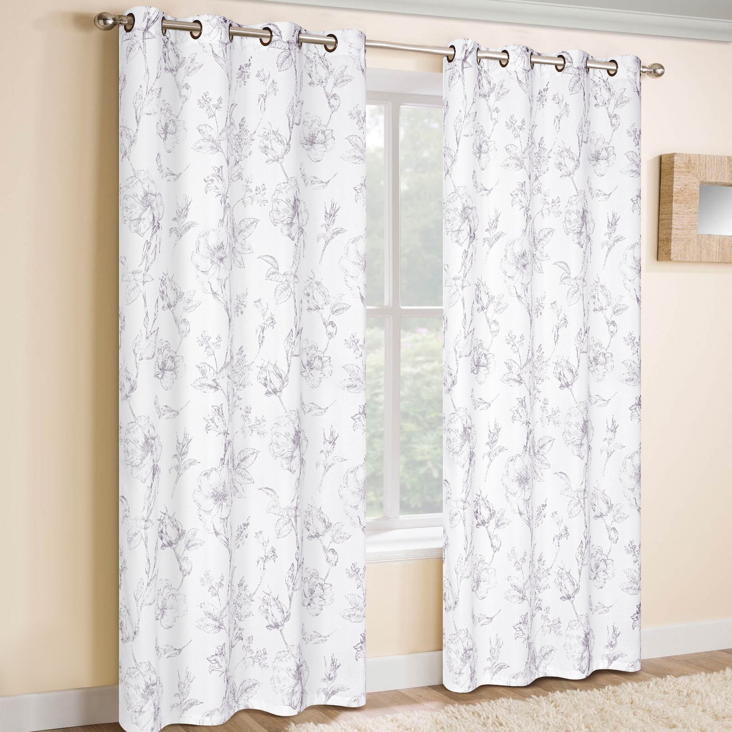 Alishomtll Grey Floral Curtains Linen Farmhouse Curtains for Living Room 84 inch Country Curtains Grommet Top Semi Sheer Curtains Light Filtering ,2 Panels