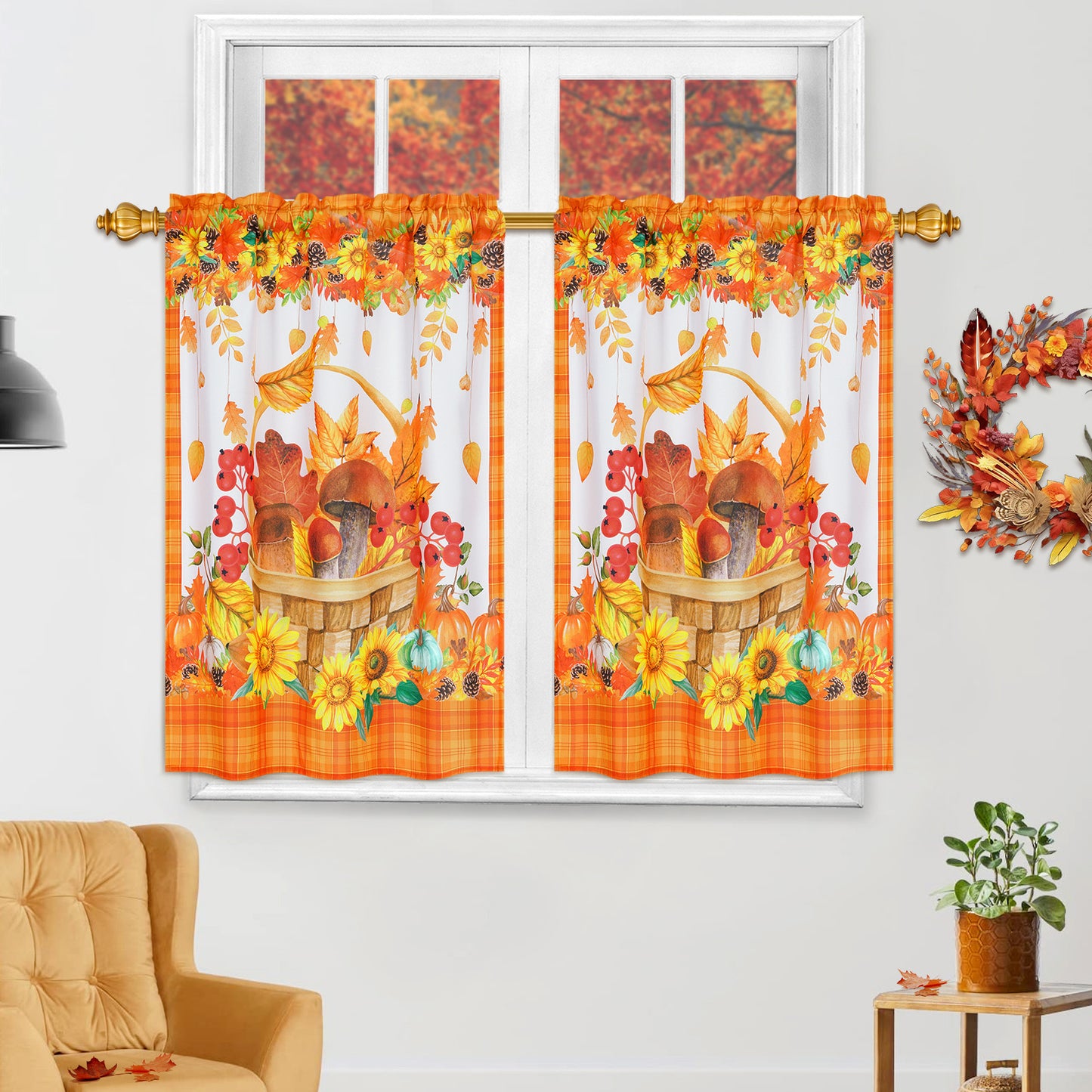 Alishomtll Fall Kitchen Curtains Sunflower Pumpkins Autumn Leaves Print Curtains Sets Thanksgiving,Rod Pocket ,30"Wx36"L