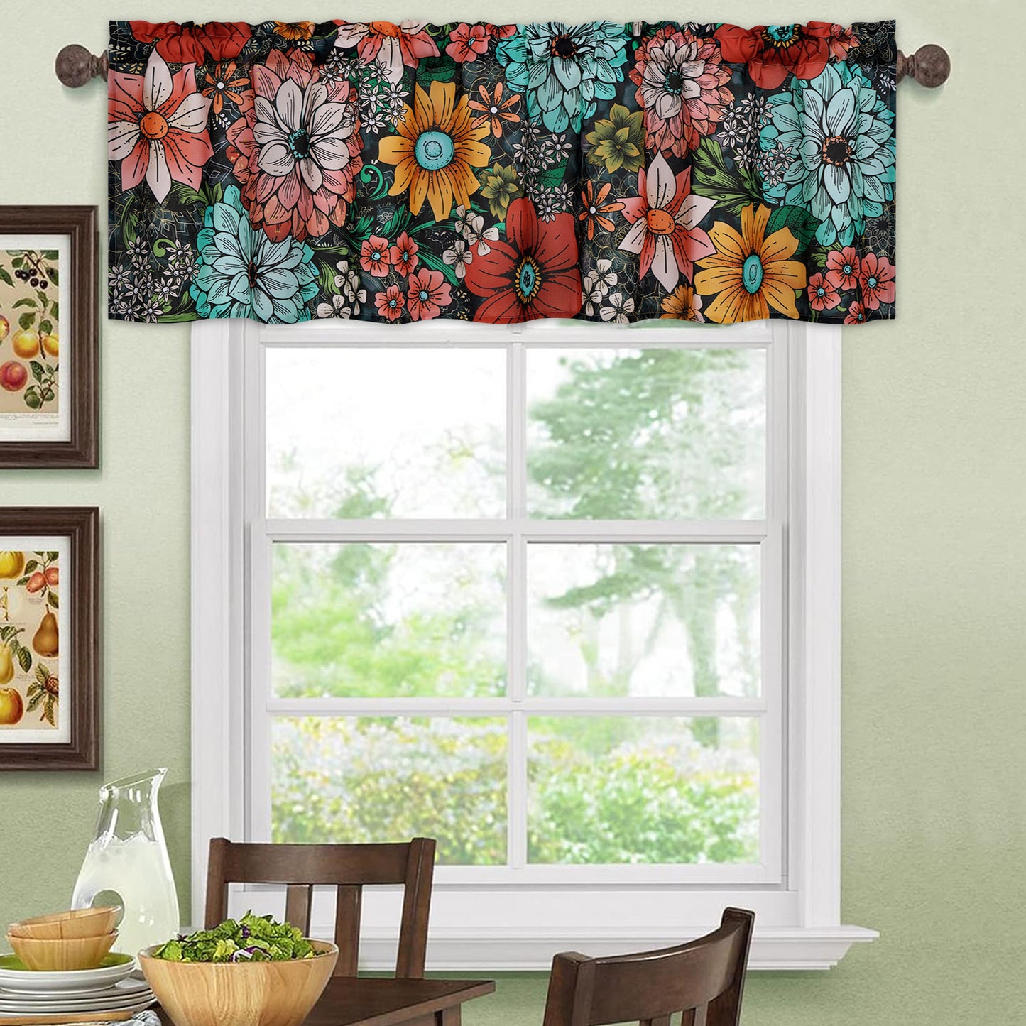 Alishomtll Valance Curtain for Kitchen 18 inch Boho Floral Print Farmhouse Valance Small Curtain,Rod Pocket,1 Panel