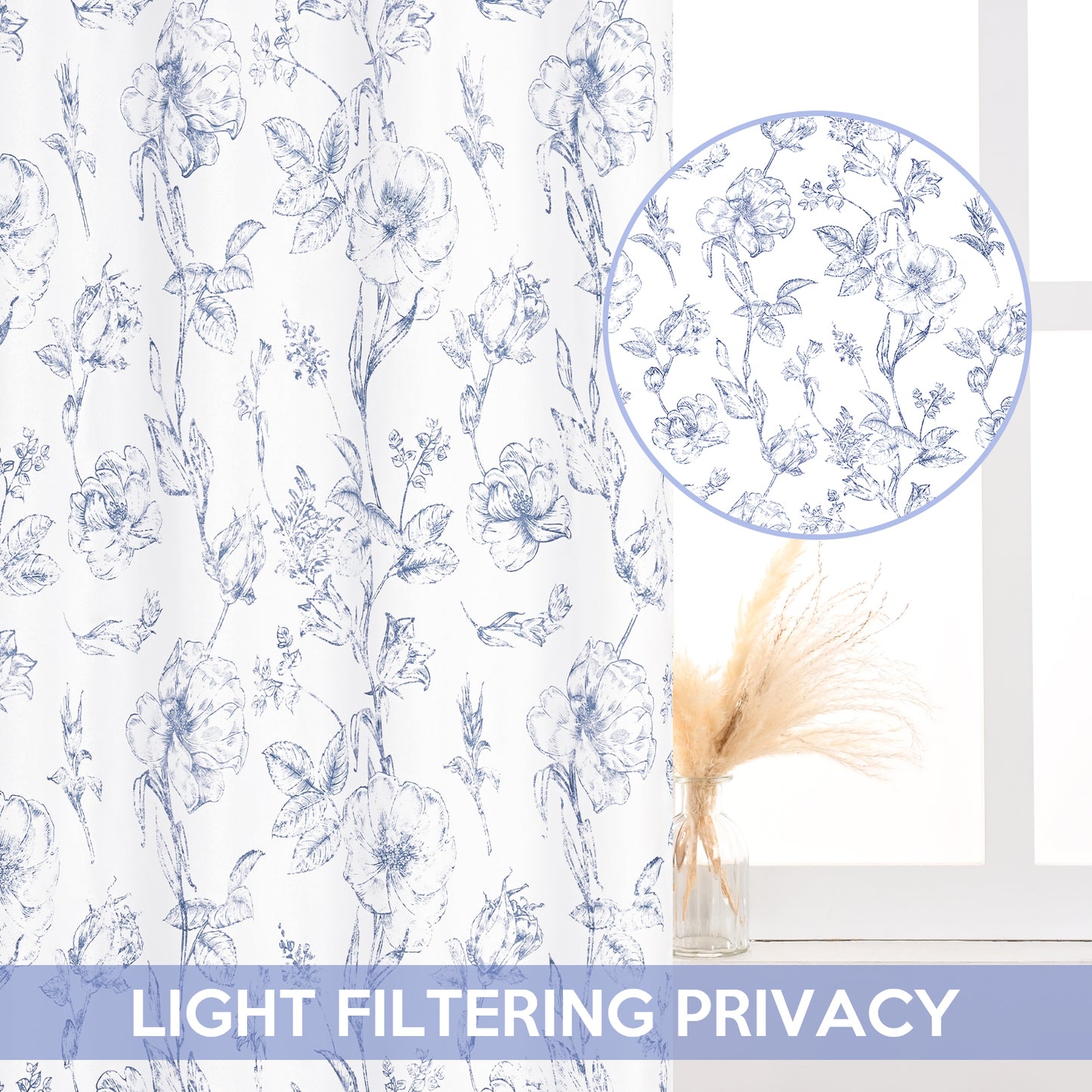 Alishomtll Blue Floral Curtains Linen Farmhouse Curtains for Living Room 84 inch Country Curtains Grommet Top Semi Sheer Curtains Light Filtering ,2 Panels