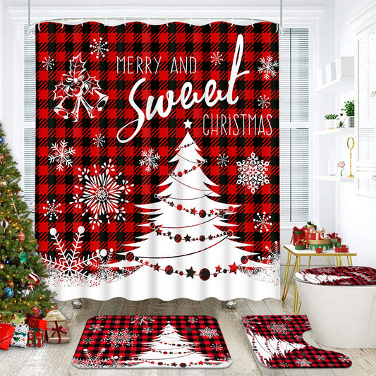 FRAMICS Merry Christmas Shower Curtain Sets with Rugs, Red Buffalo Plaid Bathroom Decor Sets, Xmas Tree Waterproof Fabric Shower Curtain with 12 Hooks and Toilet Rugs