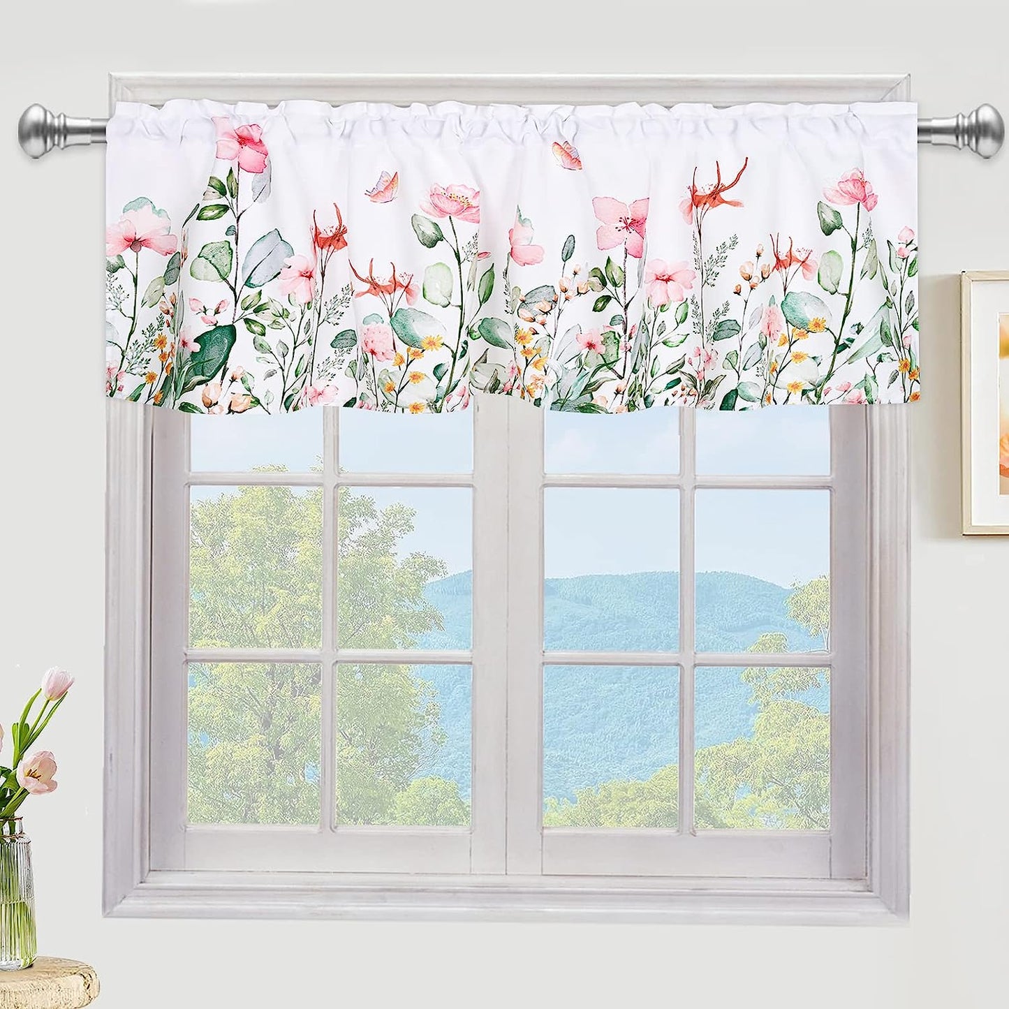 Alishomtll Kitchen Valance Curtains Floral Print Window Valance , 52x18 Inch，Rod Pocket