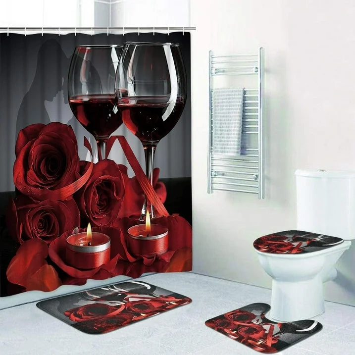 FRAMICS 16 Piece Red Rose Wine Shower Curtain Sets with Rugs, Romantic Floral Bathroom Sets, Waterproof Fabric Shower Curtain with 12 Hooks and Toilet Rugs