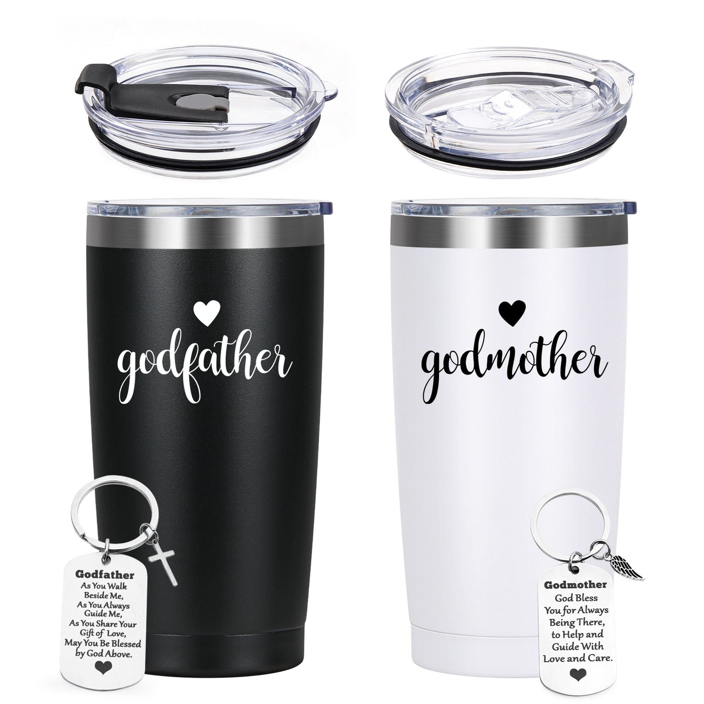 Gingprous Godmother & Godfather Stainless Steel Insulated Tumbler Set , Godparents Gift for Christmas Baptism, 20oz Black & White