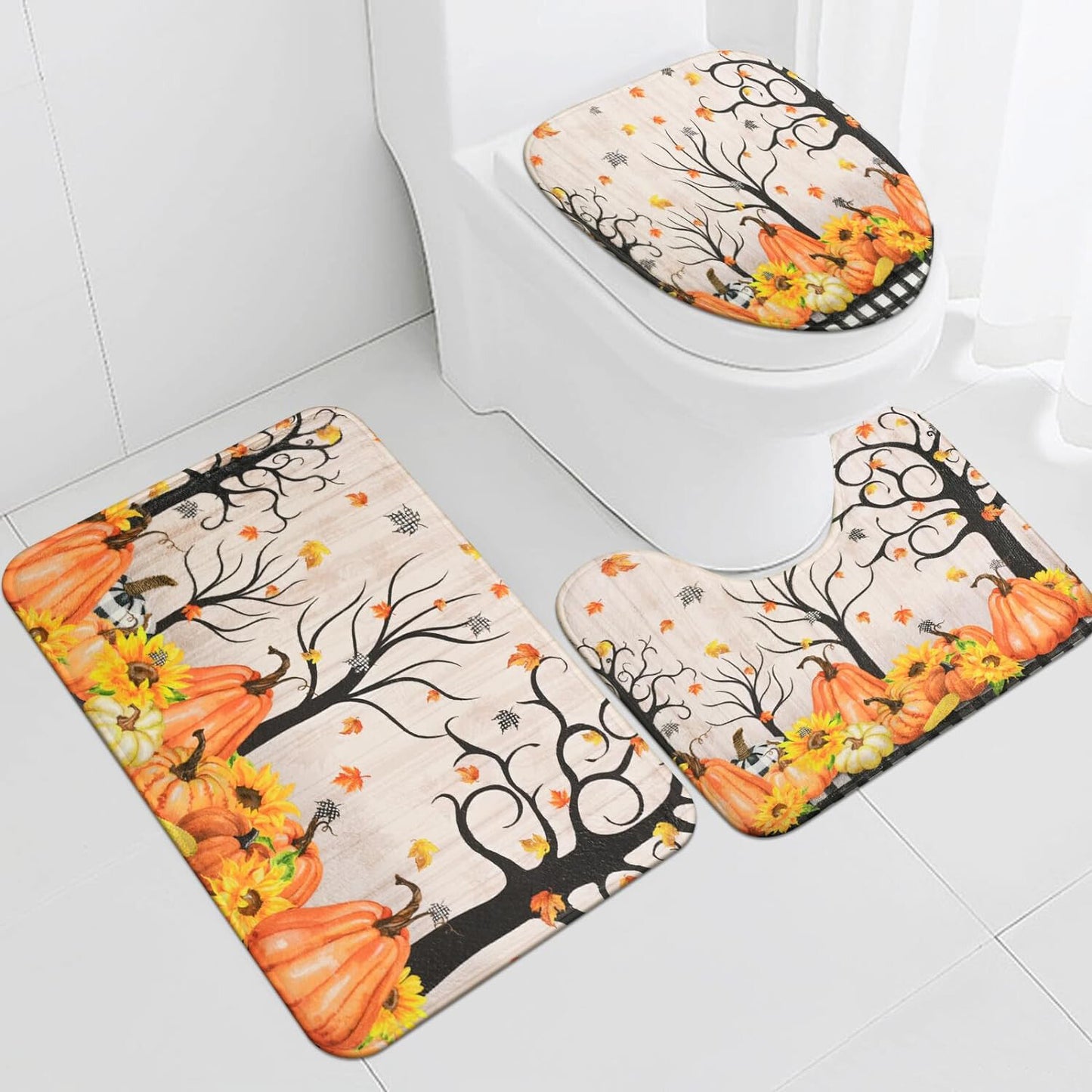 FRAMICS Fall Shower Curtain Set with Rugs, Thanksgiving Pumpkin Bathroom Sets, Black White Buffalo Check Waterproof Fabric Shower Curtain with 12 Hooks and Toilet Rugs