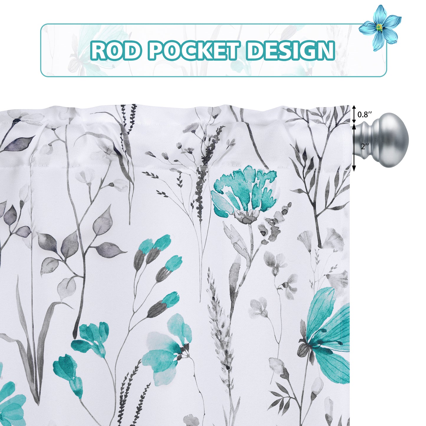 Alishomtll Valance Curtains Teal Flower Floral Print Valances for Windows Rod Pocket,52W" x 18L"