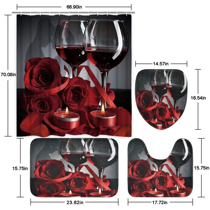 FRAMICS 16 Piece Red Rose Wine Shower Curtain Sets with Rugs, Romantic Floral Bathroom Sets, Waterproof Fabric Shower Curtain with 12 Hooks and Toilet Rugs