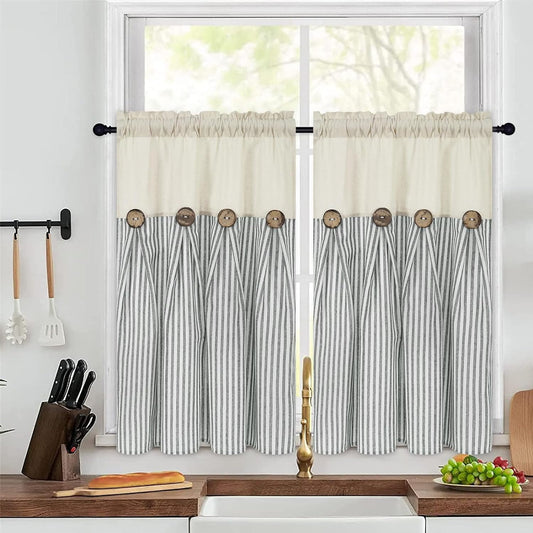 Alishomtll Stripe Kitchen Curtains 8 Button Linen Cotton Window Curtains Sets 36 Inches Long ,Rod Pocket