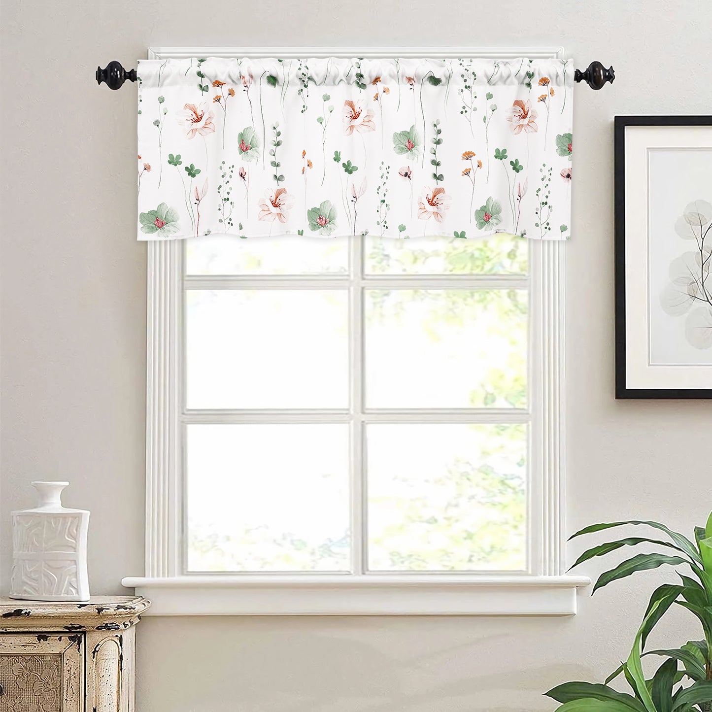 Alishomtll Floral Valance Curtains Kitchen Sage Green Wildflower Flower Leaf Windows Drapes,52 x 18 inch,Rod Pocket