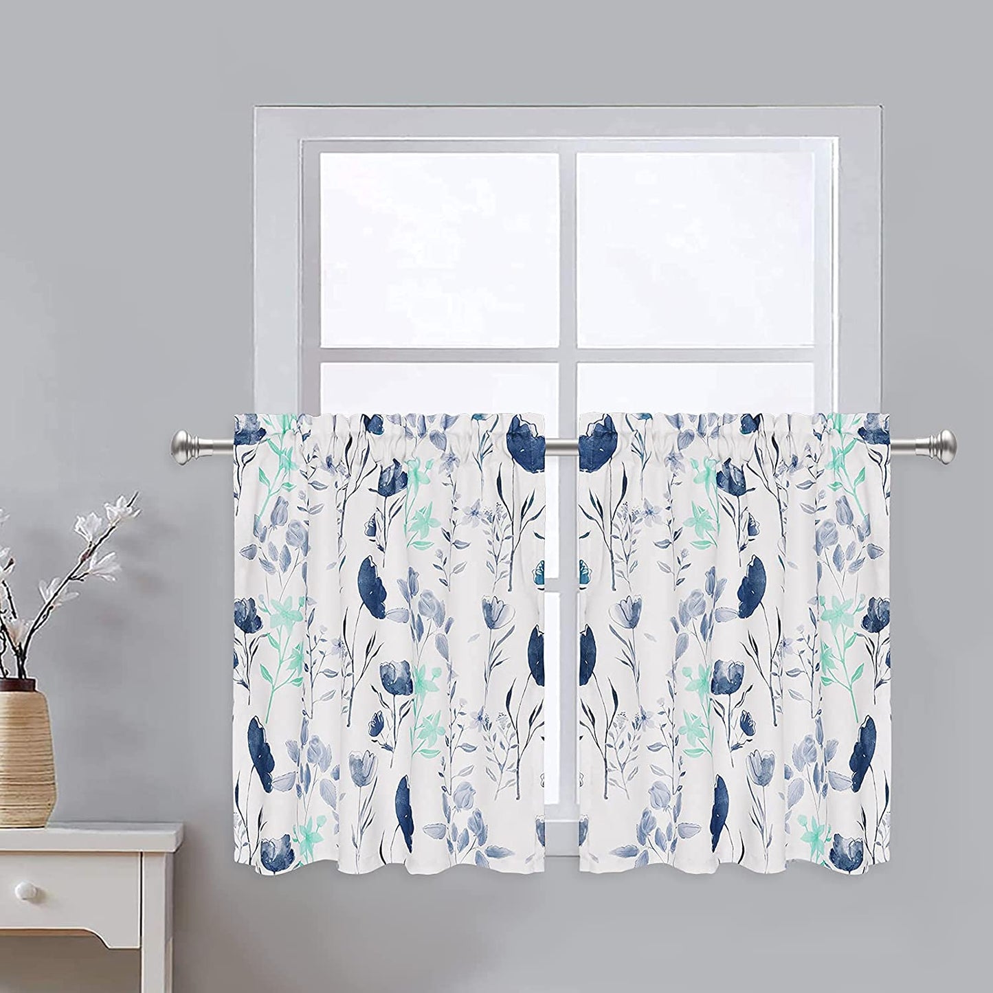 Alishomtll Kitchen Curtains Floral Watercolor Print Tier Curtains Light Filtering Rod Pocket Small Window Curtain Sets,26"Wx24"L,2 Panels