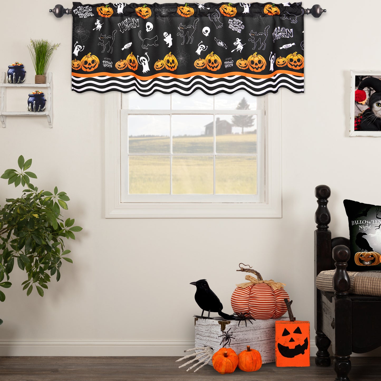 Alishomtll Halloween Kitchen Curtains Valance Pumpkin Cat Window Drapes, 52x18 Inch,Rod Pocket ,Black