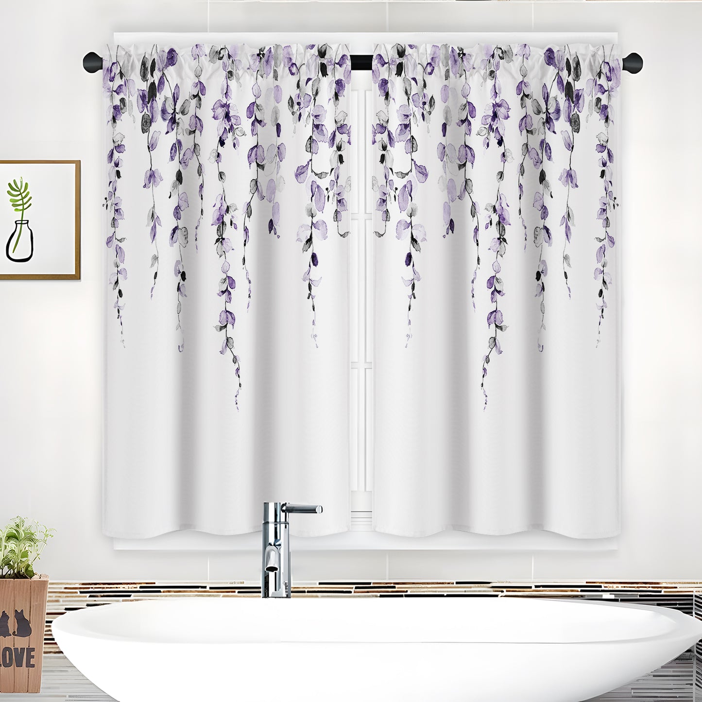 Alishomtll Kitchen Curtains Grey Purple Watercolor Leaves Print Tier Windows Drapes Sets 36 Inch ,Rod Pocket