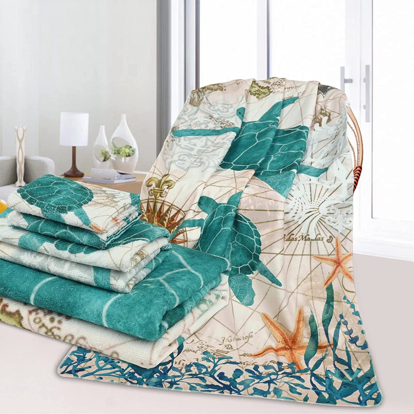 Alishomtll 3Pcs Blue Sea Turtles Bath Towels Set Include Beach Towel, Hand Towel and Wash Towel Bathroom Decor