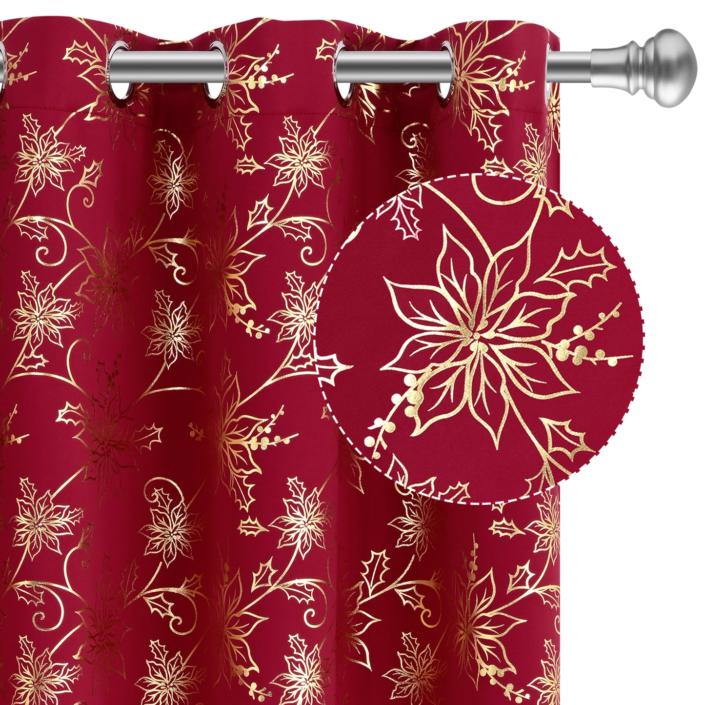 Alishomtll Christmas Curtain Golden Poinsettia Foil Print Blackout Window Curtains Drapes, 52" x 84"L, Red, Set of 2 Panels