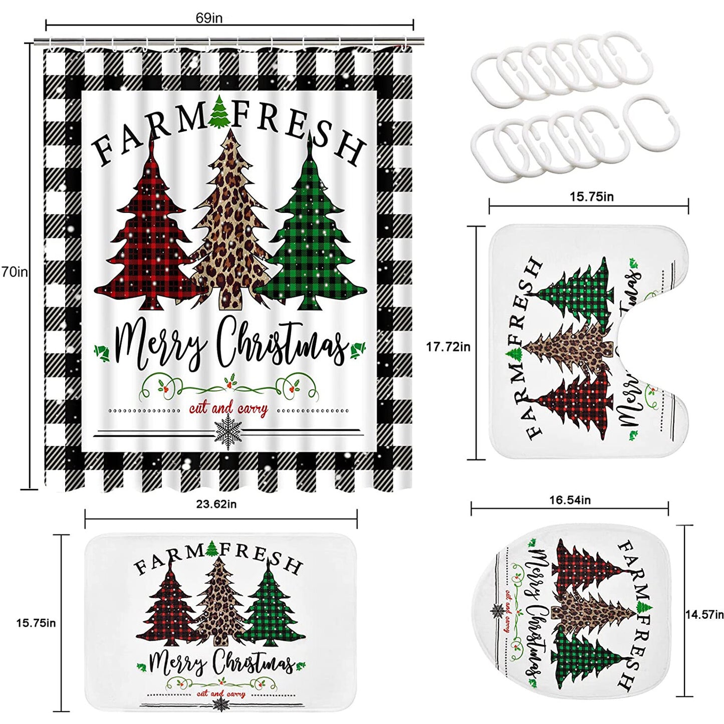 FRAMICS Merry Christmas Shower Curtains and Bath Rug Set, Buffalo Plaid Bathroom Decor Sets, Xmas Trees Waterproof Fabric Shower Curtain with 12 Hooks and Toilet Rugs