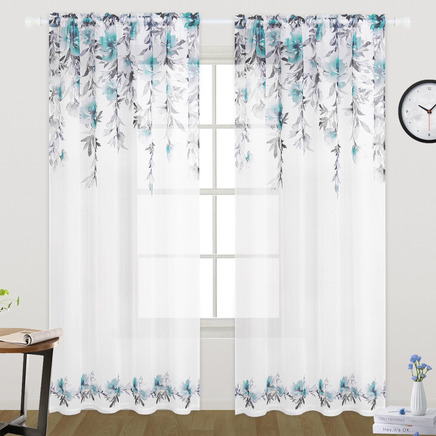 Alishomtll Floral Sheer Curtains 84 Inches Long Rod Pocket Teal Flower Semi Sheer Voile Window Treatment For Bedroom Dining Room