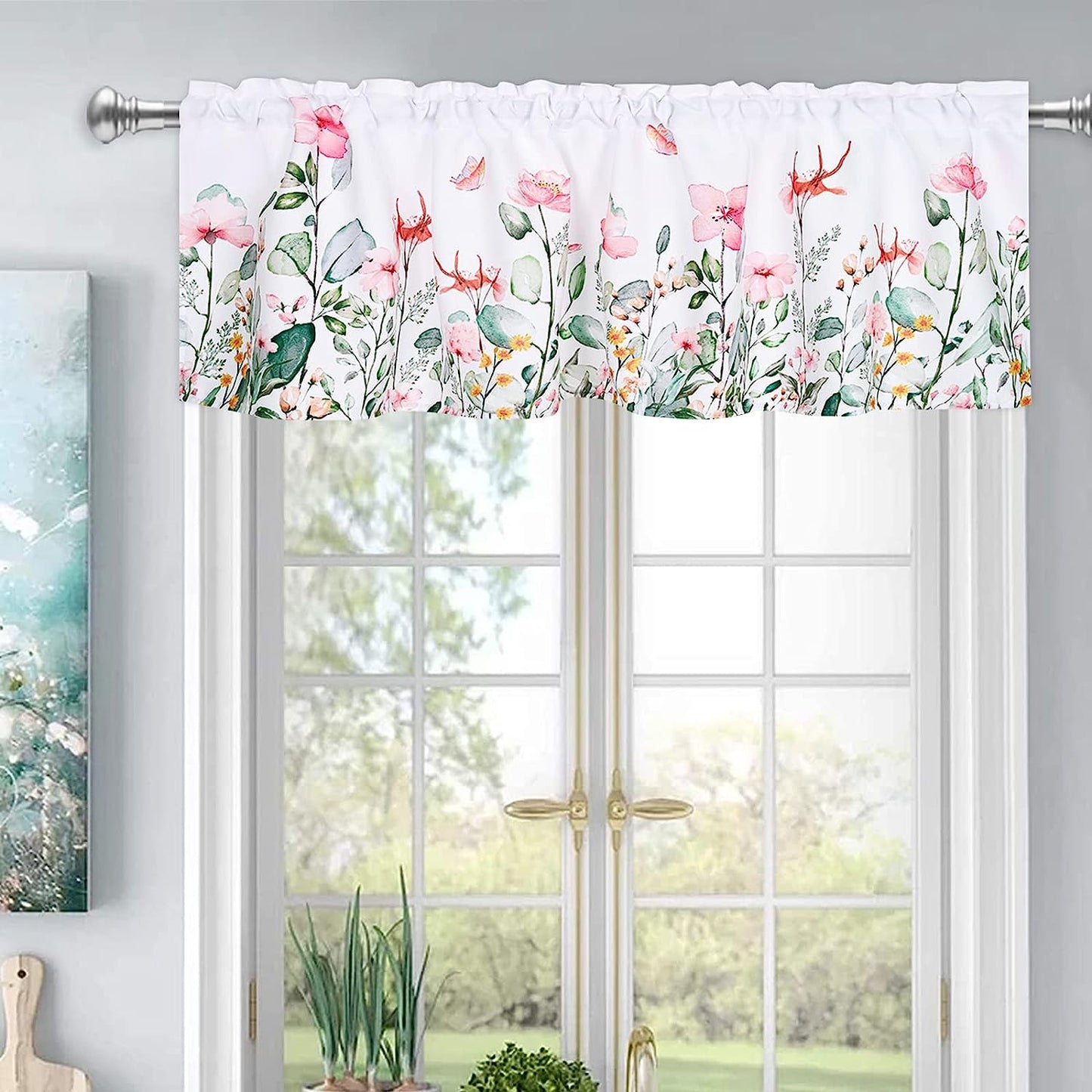 Alishomtll Kitchen Valance Curtains Floral Print Window Valance , 52x18 Inch，Rod Pocket