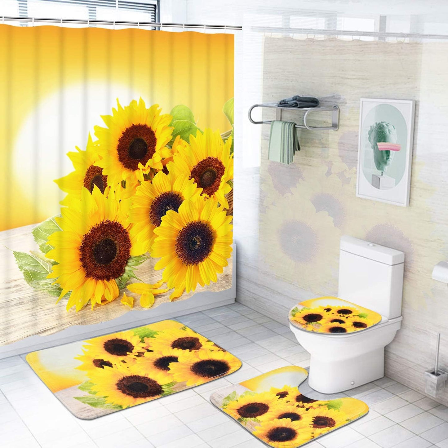 FRAMICS Yellow Sunflower Shower Curtain and Rug Sets, 16 Pc Flowers Bathroom Sets, Waterproof Fabric Shower Curtain with 12 Hooks and Toilet Rugs