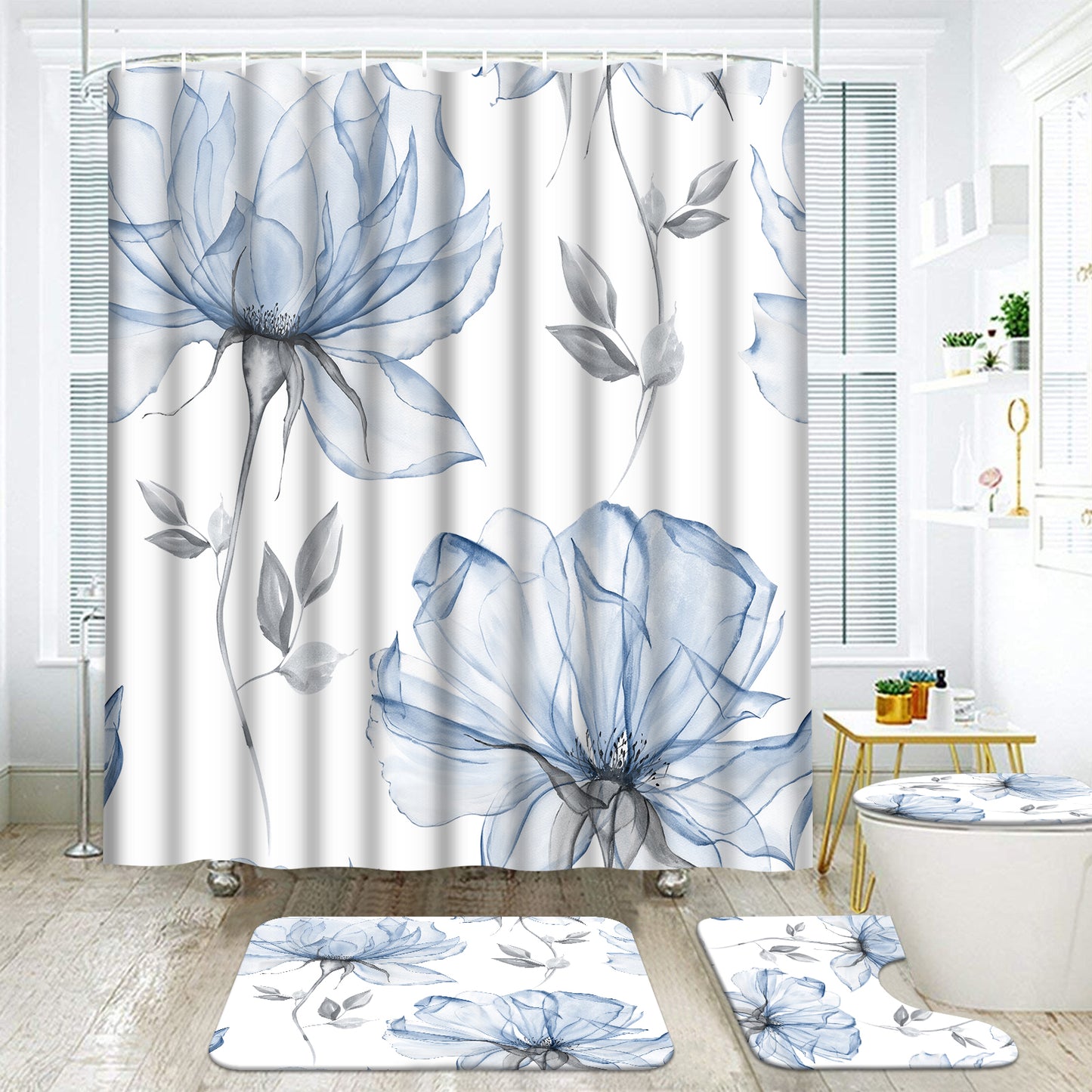 FRAMICS Watercolor Floral Shower Curtain Set with Rugs, 16 Pc Blue Grey Flower Bathroom Sets, Modern Minimalist White Waterproof Fabric Shower Curtain with 12 Hooks and Toilet Rugs