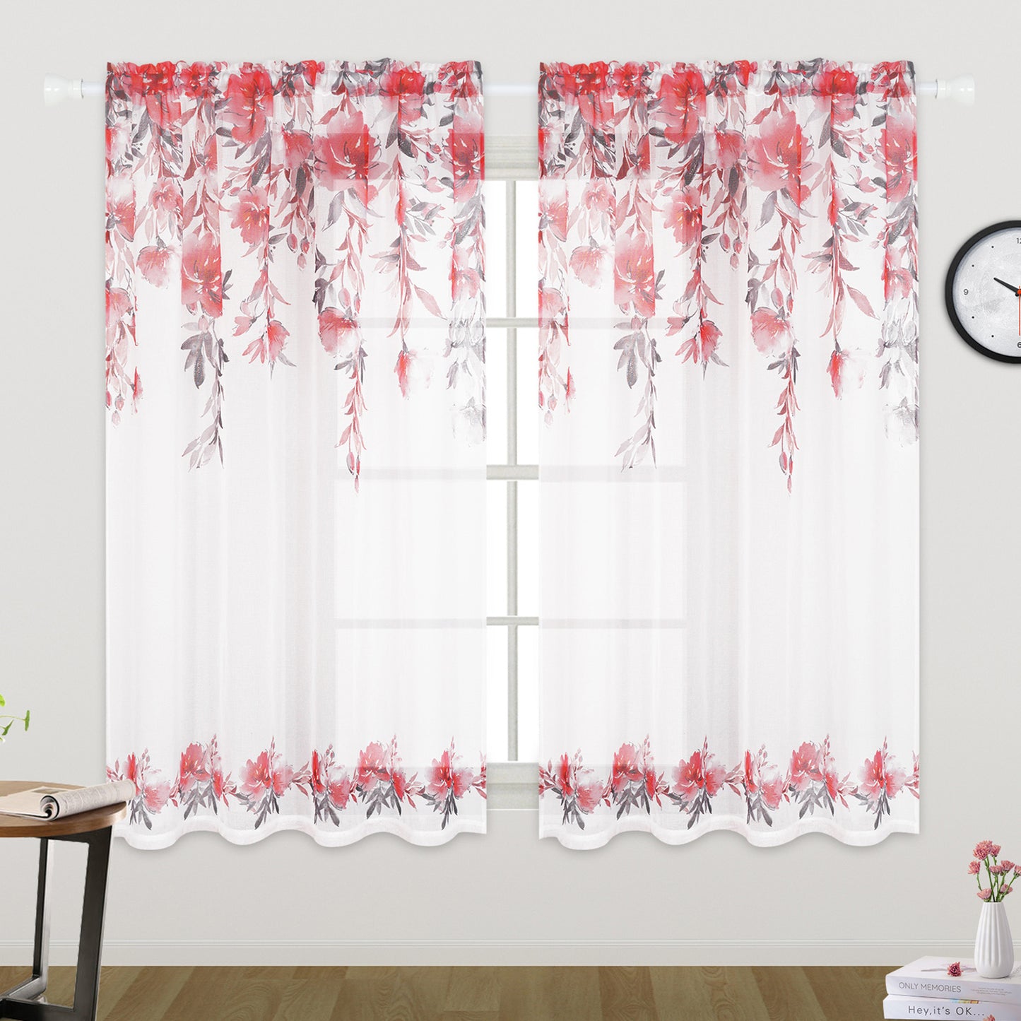 Alishomtll Floral Sheer Curtains 63 Inch Long Rod Pocket Pink Flower Semi Sheer Voile Window Treatment For Bedroom Dining Room