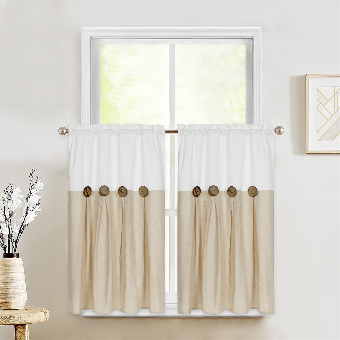 Alishomtll Linen Kitchen Curtains Farmhouse Boho Button Light Filtering Window Drapes,Rod Pocket, 2 Panel,Linen White