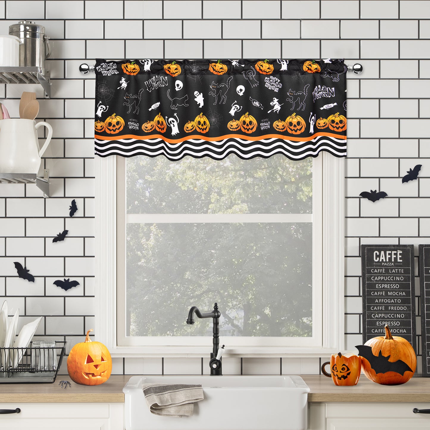 Alishomtll Halloween Kitchen Curtains Valance Pumpkin Cat Window Drapes, 52x18 Inch,Rod Pocket ,Black