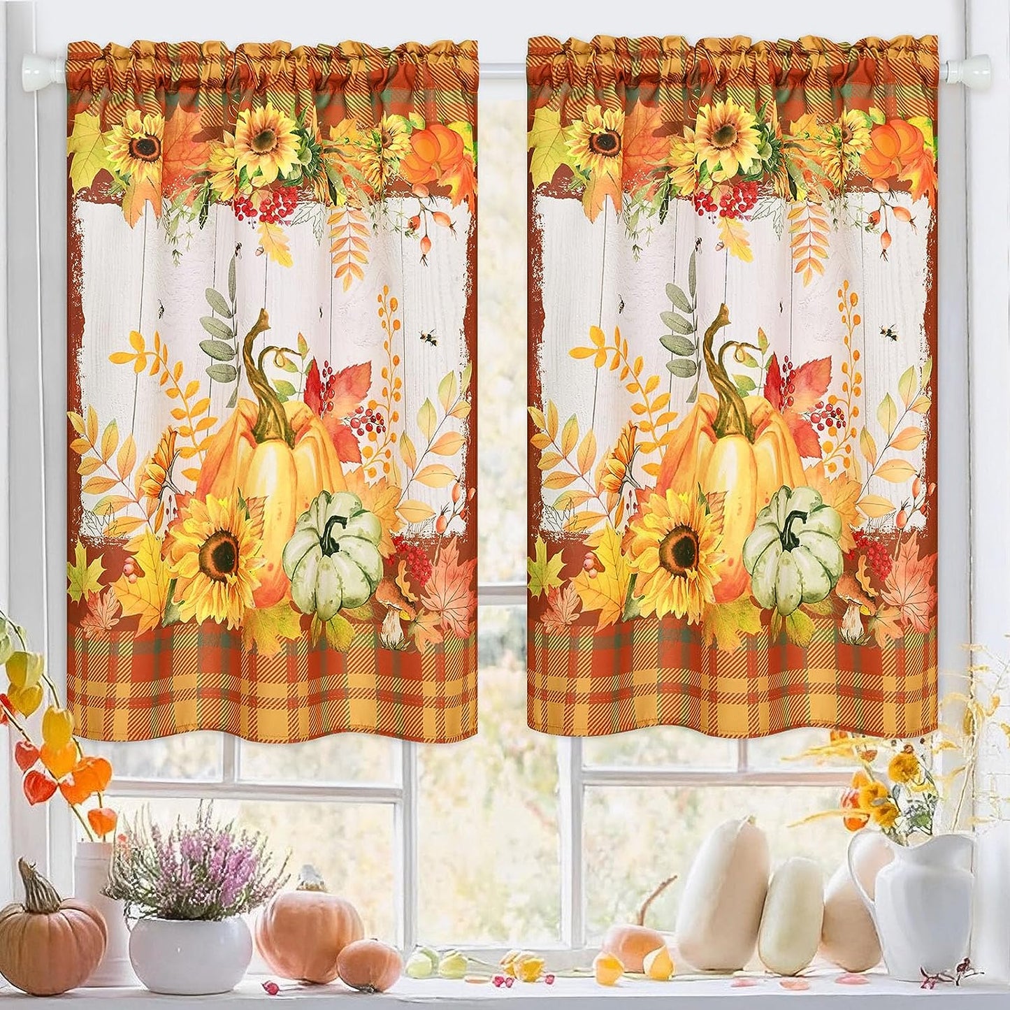 Alishomtll Fall Thanksgiving Kitchen Curtains Sunflower Pumpkins Print Tier Curtains Sets,Rod Pocket ,30"Wx36"L