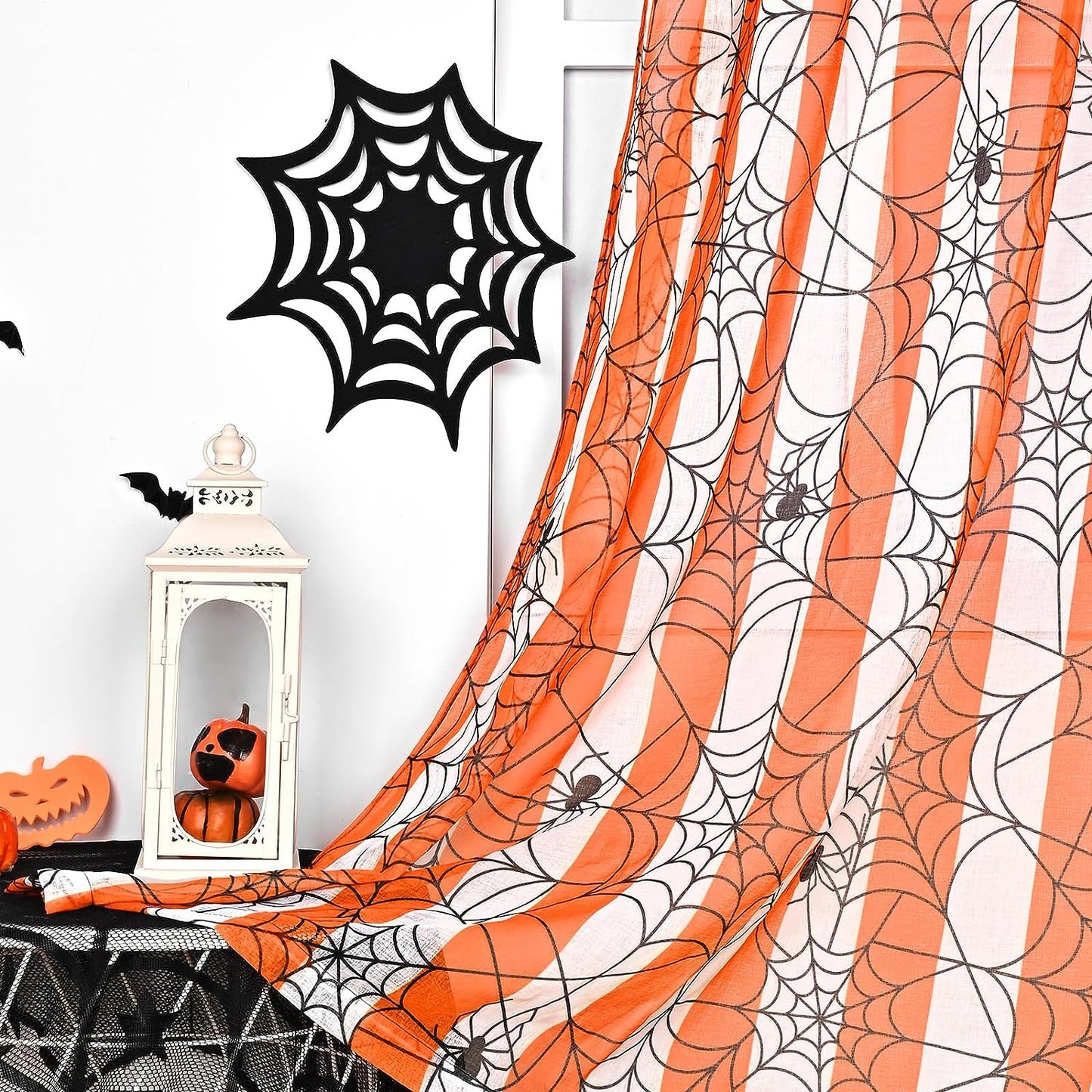 Alishomtll Halloween Curtains Spider Web Semi Sheer Drapes for Halloween Window Decorations, Party, 52 x 84Inch,Set of 2